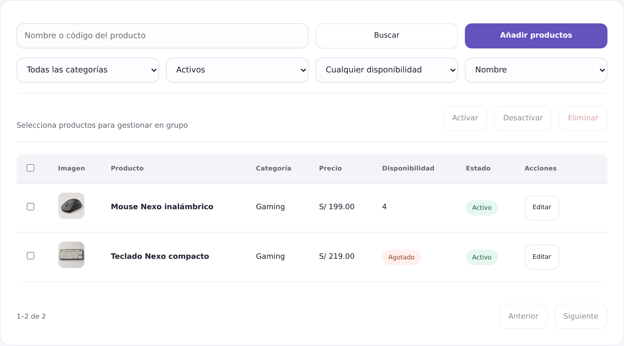 Catálogo real de ARIA: productos Nexo, precios, disponibilidad y controles de edición
